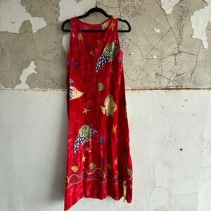 Vintage Maxi Dress Tropical Fish Print Red Sleeveless 90s Rayon Boho Resort Wear